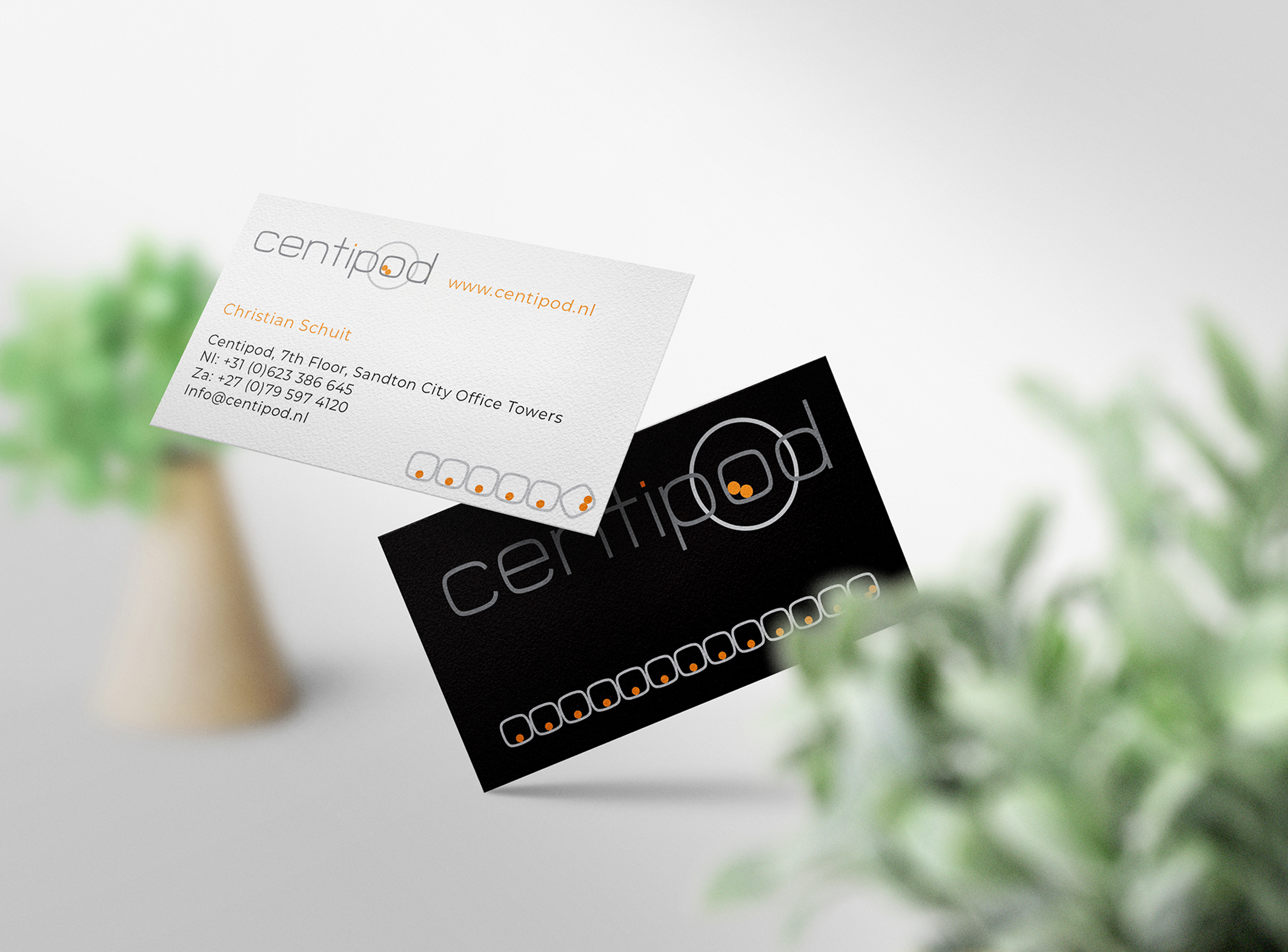 Clean minimal business card mockup floating on the floor with green leaves background. PSD file.